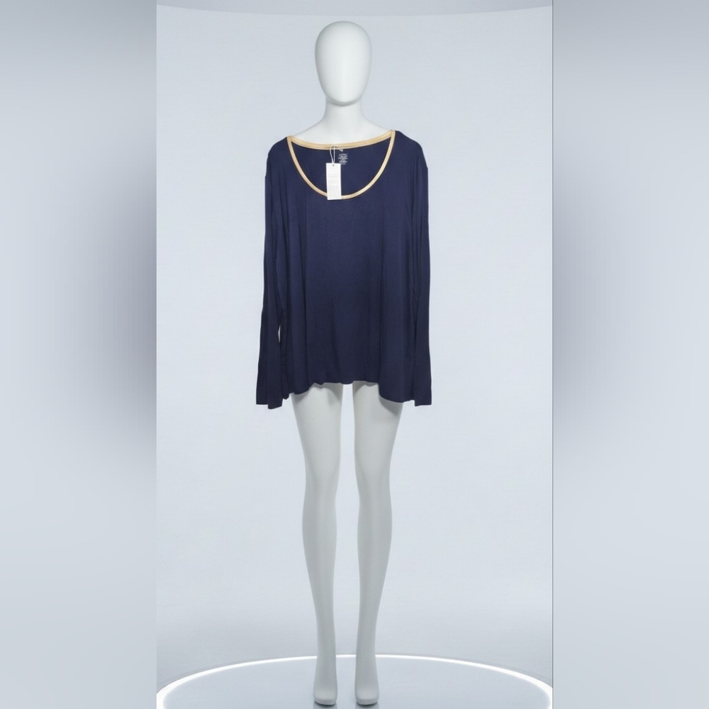 GYS Bamboo Stretch Knit Long Sleeve Pajama Top Navy Blue With Gold Trim 4X